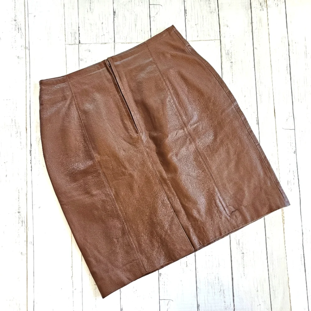 Vintage Savannah Western Fall Genuine Leather Brown Midi Skirt Zip Up Back - Picture 3 of 9